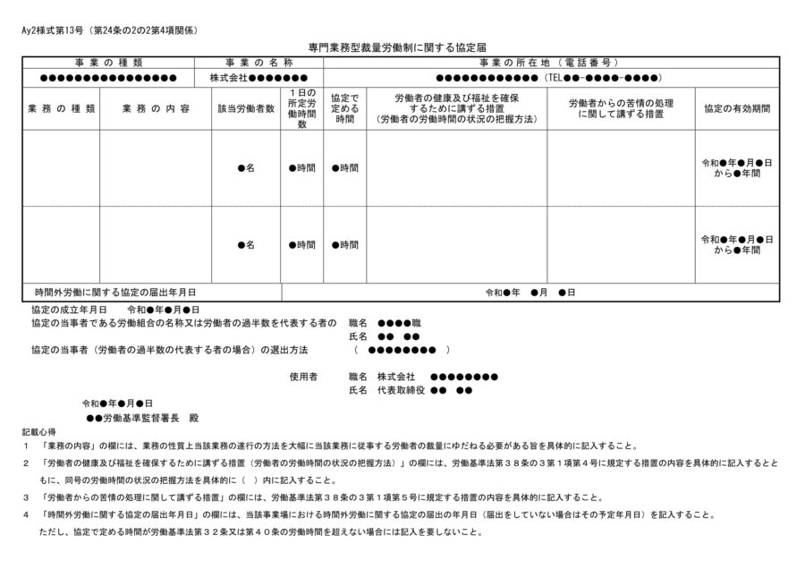 専門業務型裁量労働制に関する協定届のダウンロード